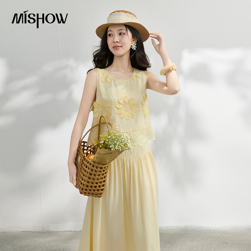 Midi Skirt Floral - MISHOW French Floral Embroidery Blouse Solid