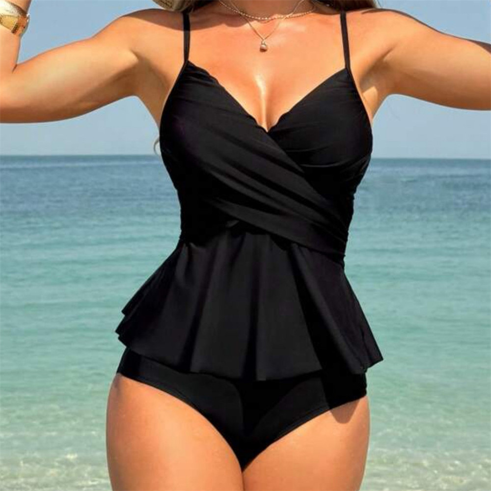 Swimsuit Bikini Ruched - Solid Black Ruched Bikinis Sets Woman