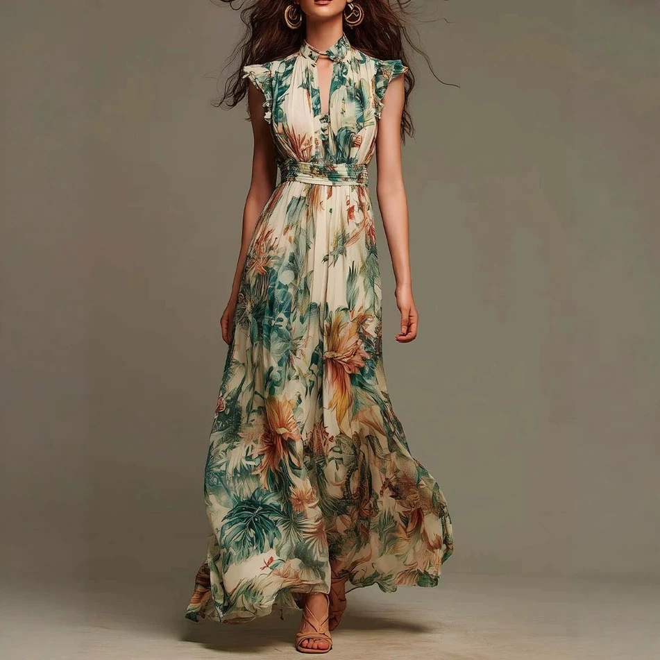 Romper Floral Print - Floral Print Maxi Dress Sleeveless Ruffle