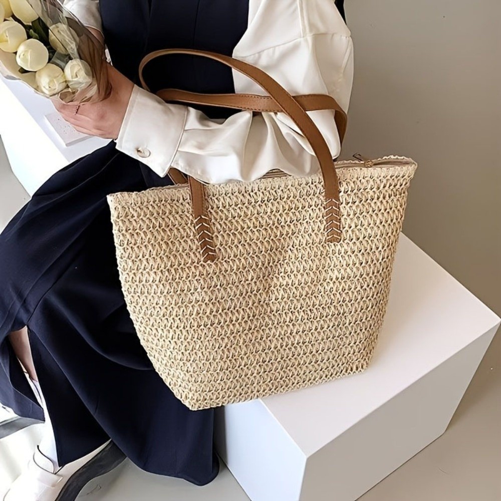 Fashion Solid Color Weave Stra - Tote Bag Beach recension och pris