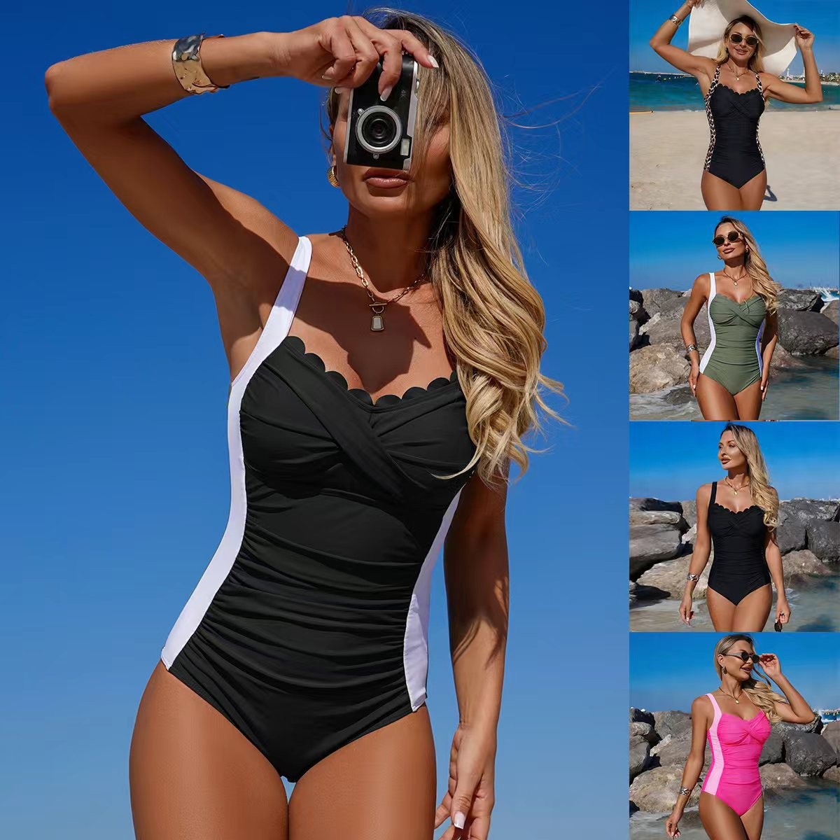 Black Swimsuit Scalloped Neckl - Swimsuit Bikini Ruched recension och pris