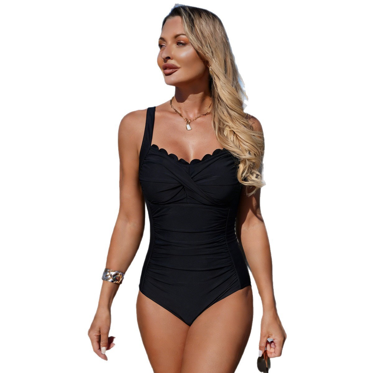 Black Swimsuit Scalloped Neckl - Swimsuit Bikini Ruched recension och pris