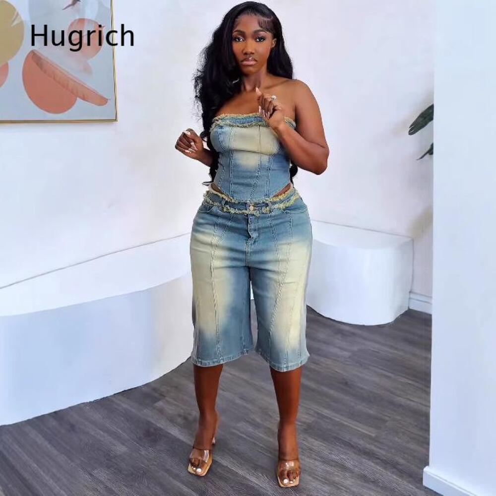 Ladies Washed Strapless Crop T - Shorts Denim Frayed recension och pris