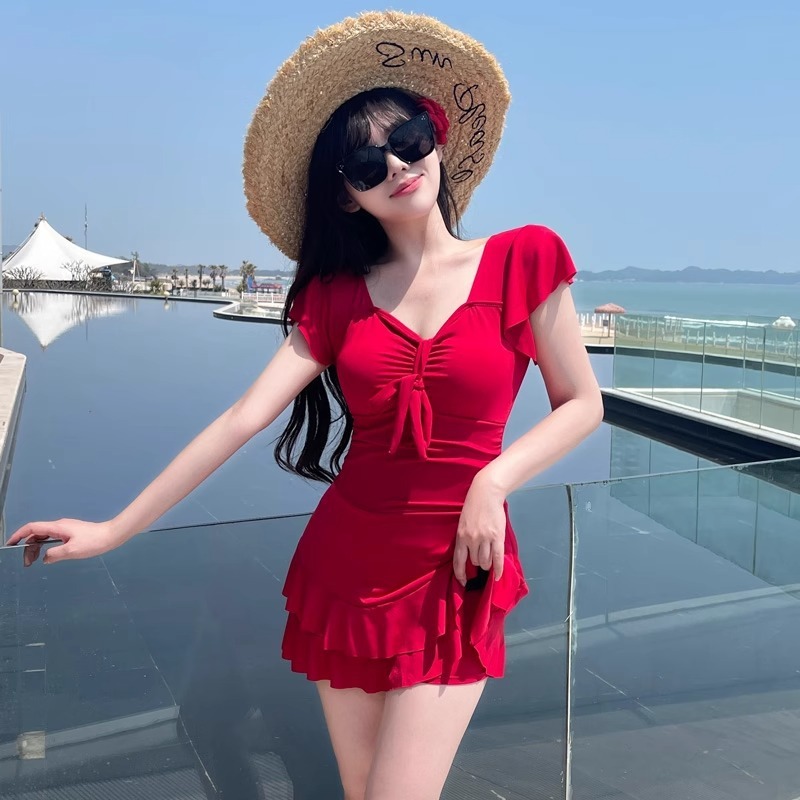 Women's Red V Neck Skirted One - Swimsuit Bikini Ruched recension och pris