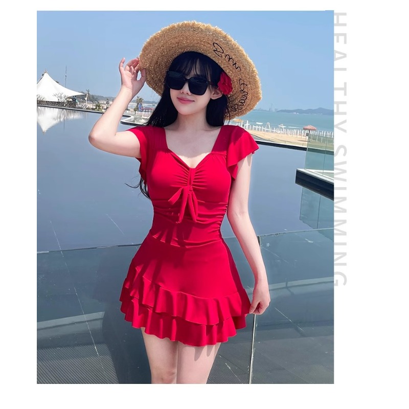 Women's Red V Neck Skirted One - Swimsuit Bikini Ruched recension och pris