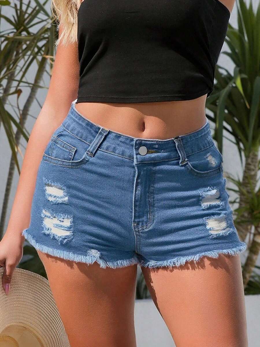 Women Denim Shorts With Pocket - Shorts Denim Frayed recension och pris
